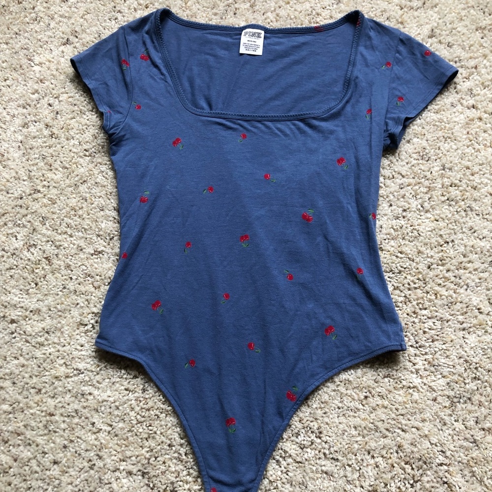 Cherry Print Somber Blue short sleeve thong bodysuit by PINK in size medium.